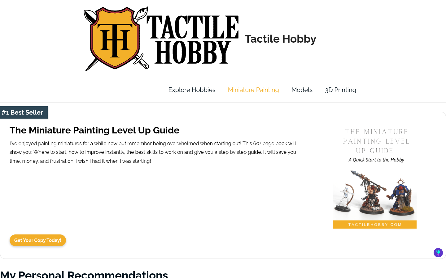 First screen of the Miniature Painting topic page (https://tactilehobby.com/hobbies/miniature-painting/): recommended resource block featuring 'The Miniature Painting Level Up Guid