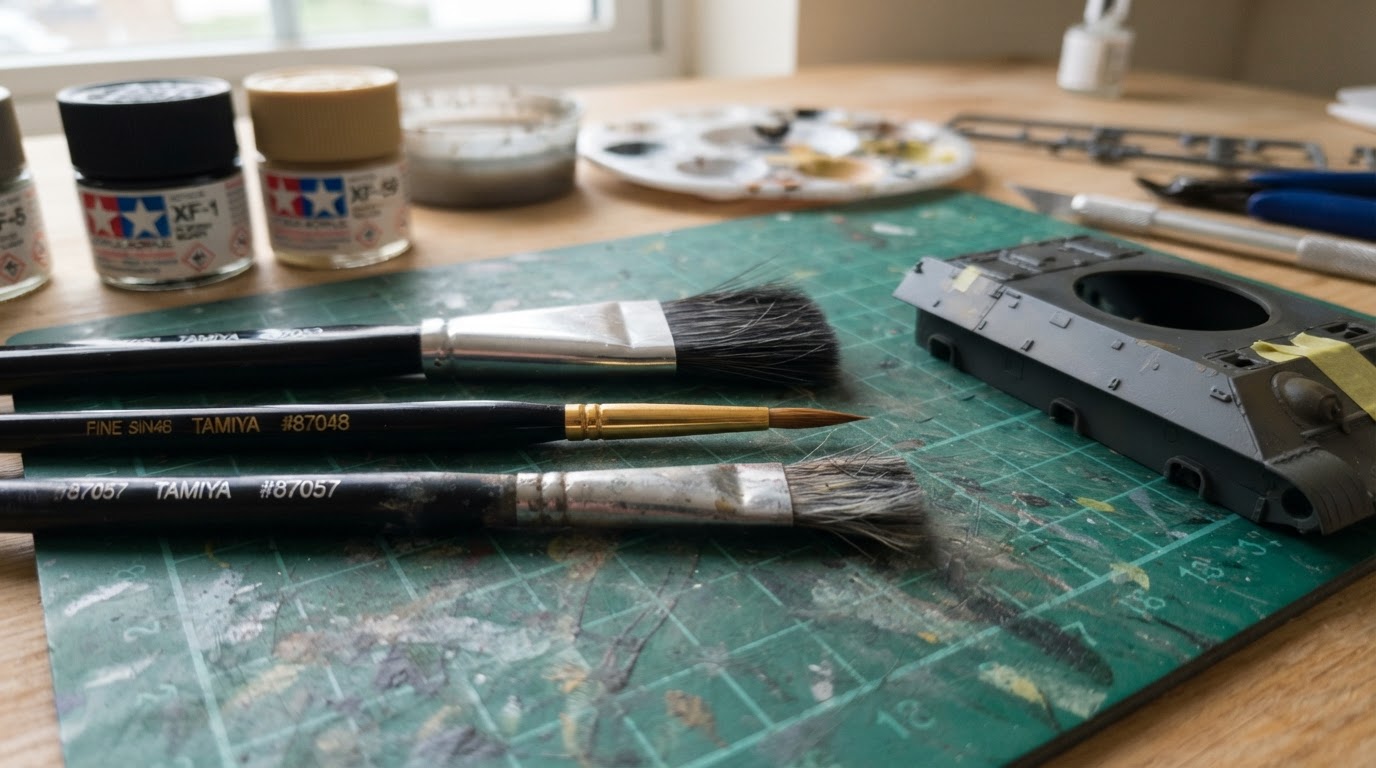 Editorial illustration for tamiya paint brushes.