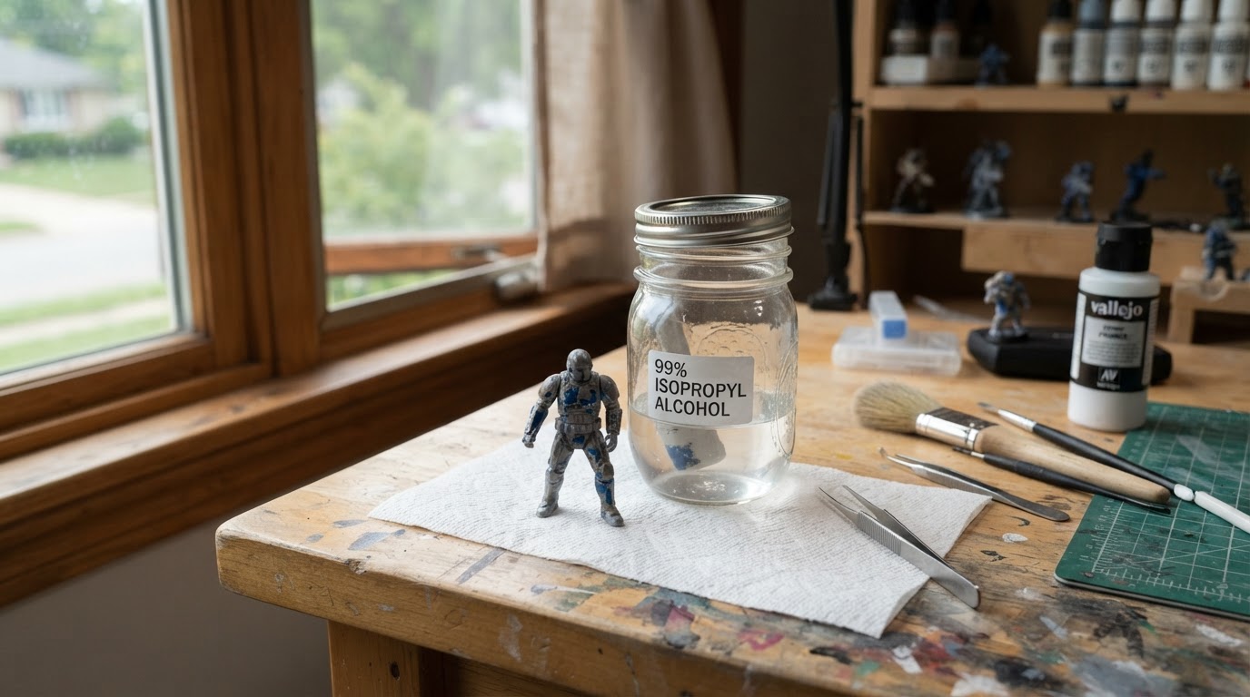 Editorial illustration for stripping resin miniatures isopropyl alcohol.