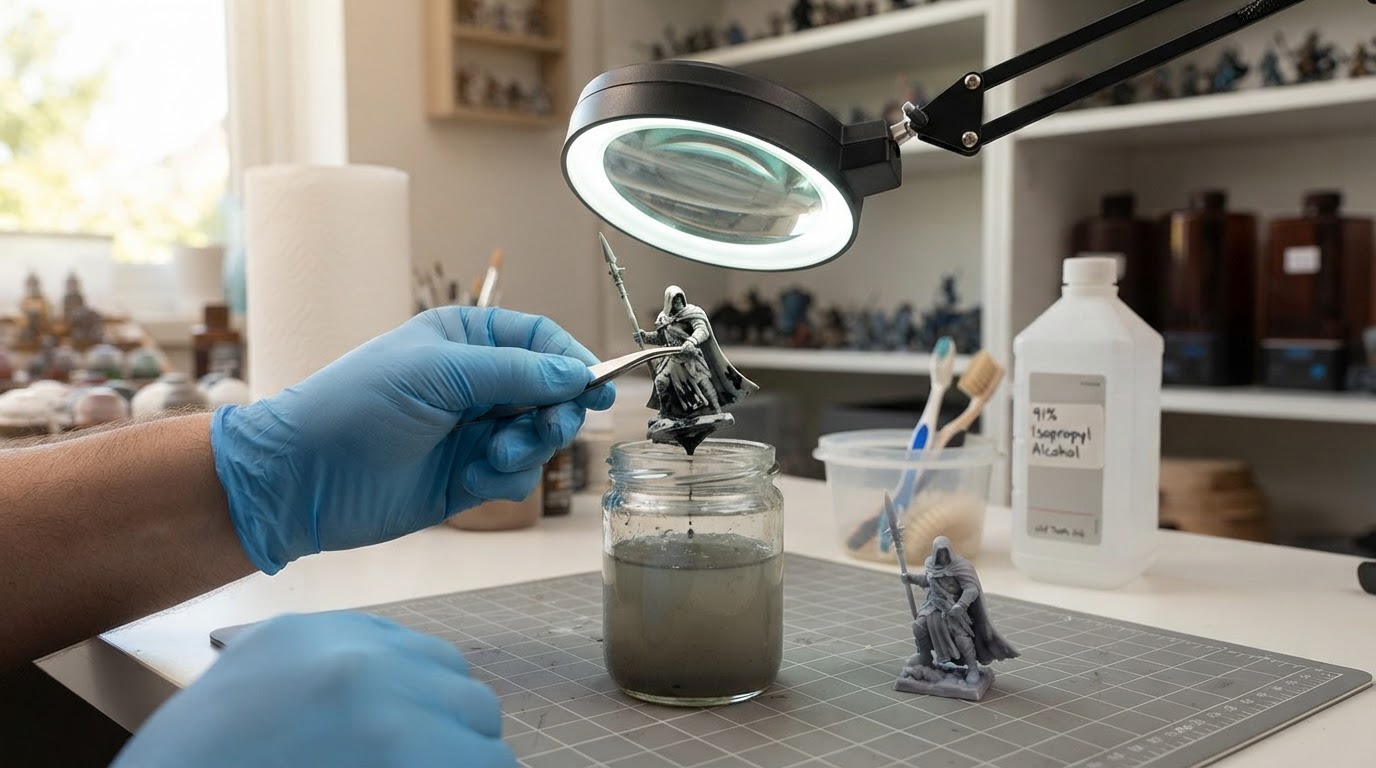 Editorial illustration for stripping resin miniatures isopropyl alcohol.