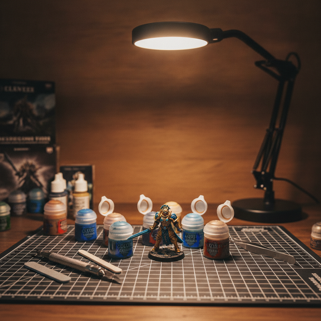 A miniature figure under a focused hobby lamp on a cutting mat